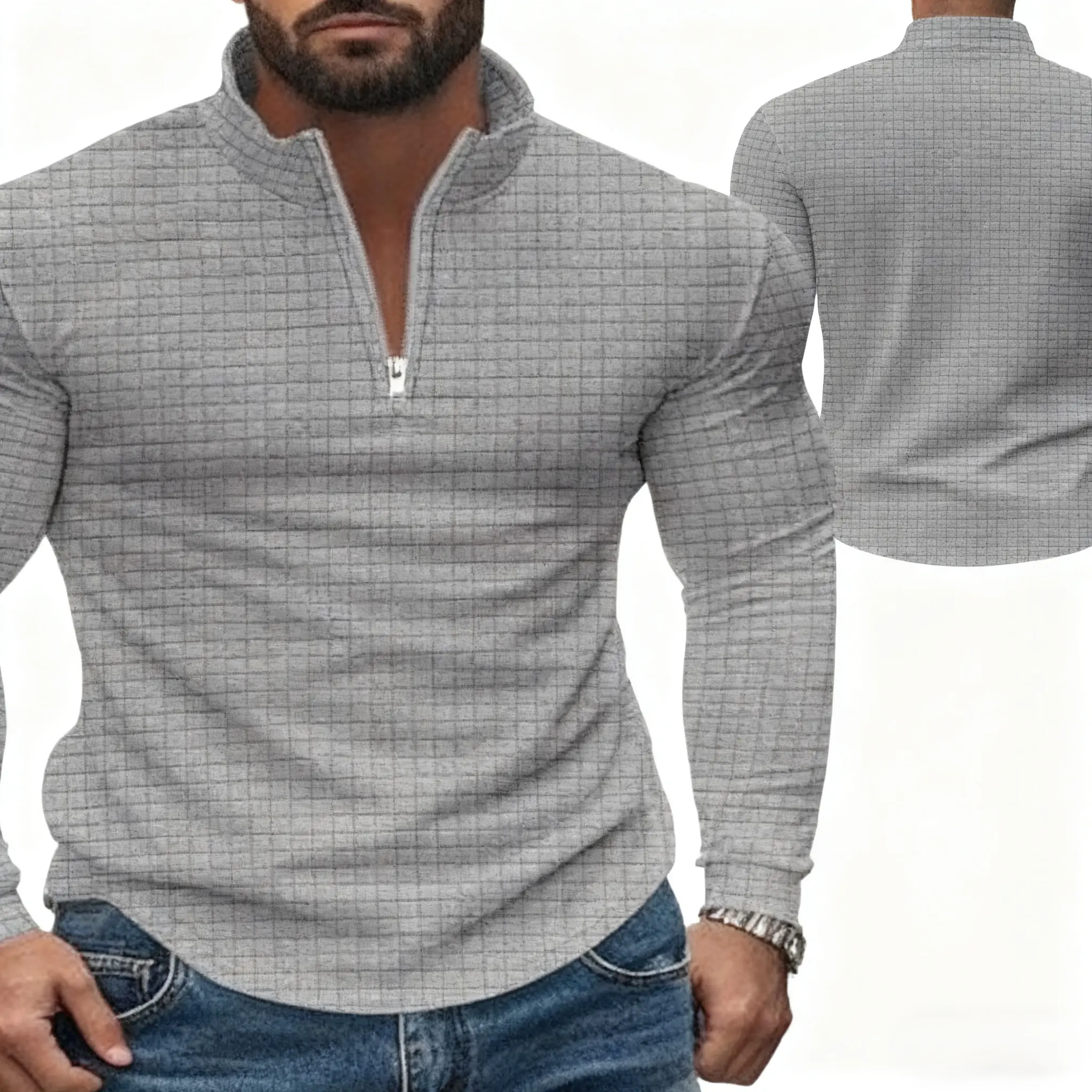 Men's Grey Grid Quarter-Zip Pullover Slim Fit Cotton Spandex Blend Casual Hoodie for Daily & Outdoor Wear Soft Stretch Fabric Menswear sweater sueter para hombres