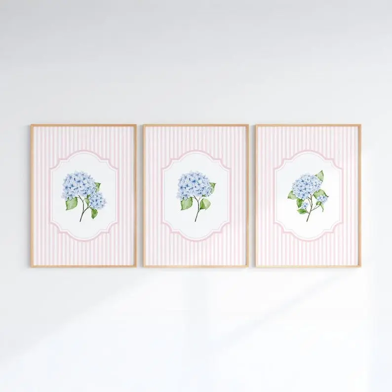 Set of 3 Pink and Blue Hydrangea Print, Striped Cottagecore Poster, Coastal Granddaughter, Vintage Grandmillenial Florals