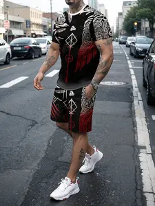 Men's Viking Norway Tattoo Pattern Two-Piece Sports Set, Sports Shorts Set, Sportswear Set, Casual Fitted Workout Clothes, Ombre Style, Athleisure Summer Clothes, No Ca Prop 65 Warning