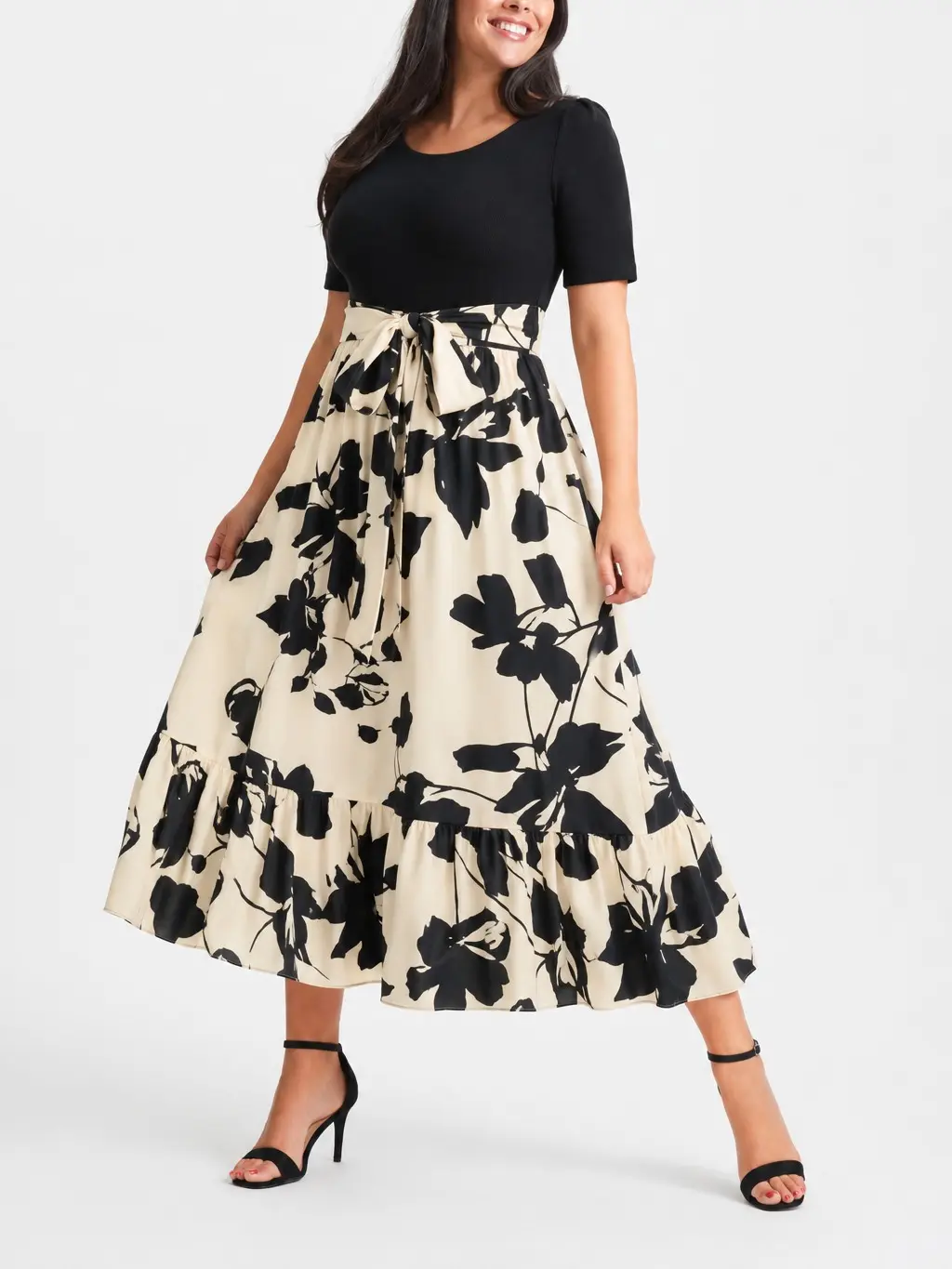 Seya Elegant Contrast Floral Midi Dress Women's Summer 2026 Casual Maxi Floral Print Dress Lightweight Short Sleeve Round Neck Casual Free Long Maxi Vacation Dress