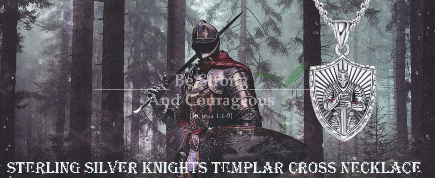 Knights Templar Shield Pendant Necklace S925 Sterling Silver Knights Templar Cross Armor of God Necklace Gift Unisex with 20+2 inch Chain