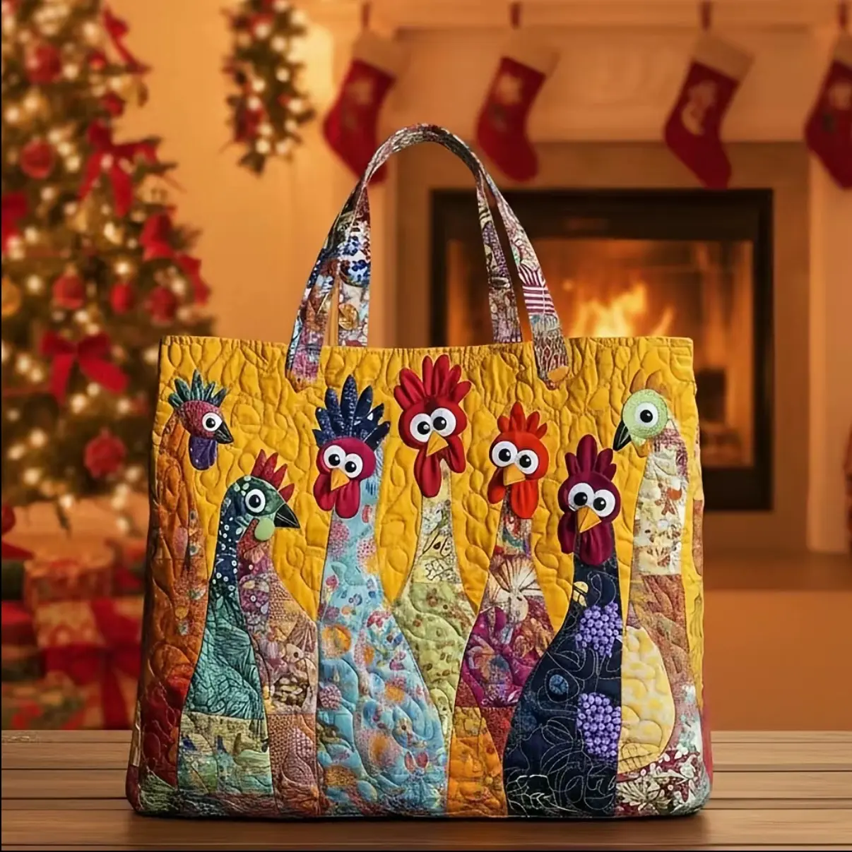 Boho Digital Printed Quilted Tote Bag Commuting Leisure Birthday Gift Fun Chicken Tote Bag,Cute Chicken Patchwork Tote,Quilted Fabric Shoulder Bag for Grocery, Travel & Gifts