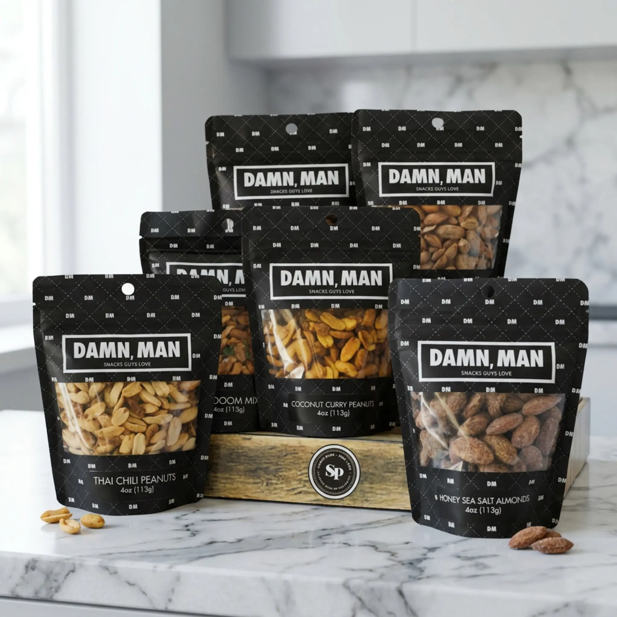 Gourmet Manly Nut Box Gift for Men - 6 Snacks | Includes Taproom Nut Mix, Salted Cashews, Honey Sea Salt Almonds, Coconut Curry Peanuts, Mexican Cocoa Peanuts & Thai Chili Peanuts - Mixed Flavor Party Snacks - Perfect for Daily Snacking & Gift Baskets