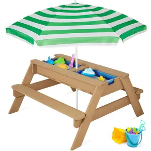 Best Choice Products Kids 3-in-1 Sand & Water Table, Wood Outdoor Convertible Picnic Table w/Umbrella, 2 Trays, Removable Top, 220lb Capacity Per Bench -Green