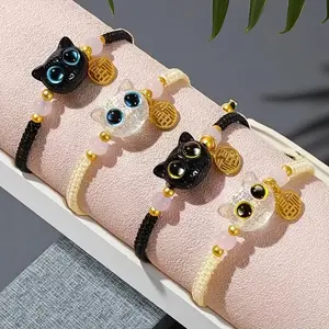 Handmade Cat Eye Lucky Couple Bracelets Set, Cute Cat Design, Versatile, Charming, Stackable, Perfect Gift for Girlfriend, Halloween, Christmas, Back-To-School Season