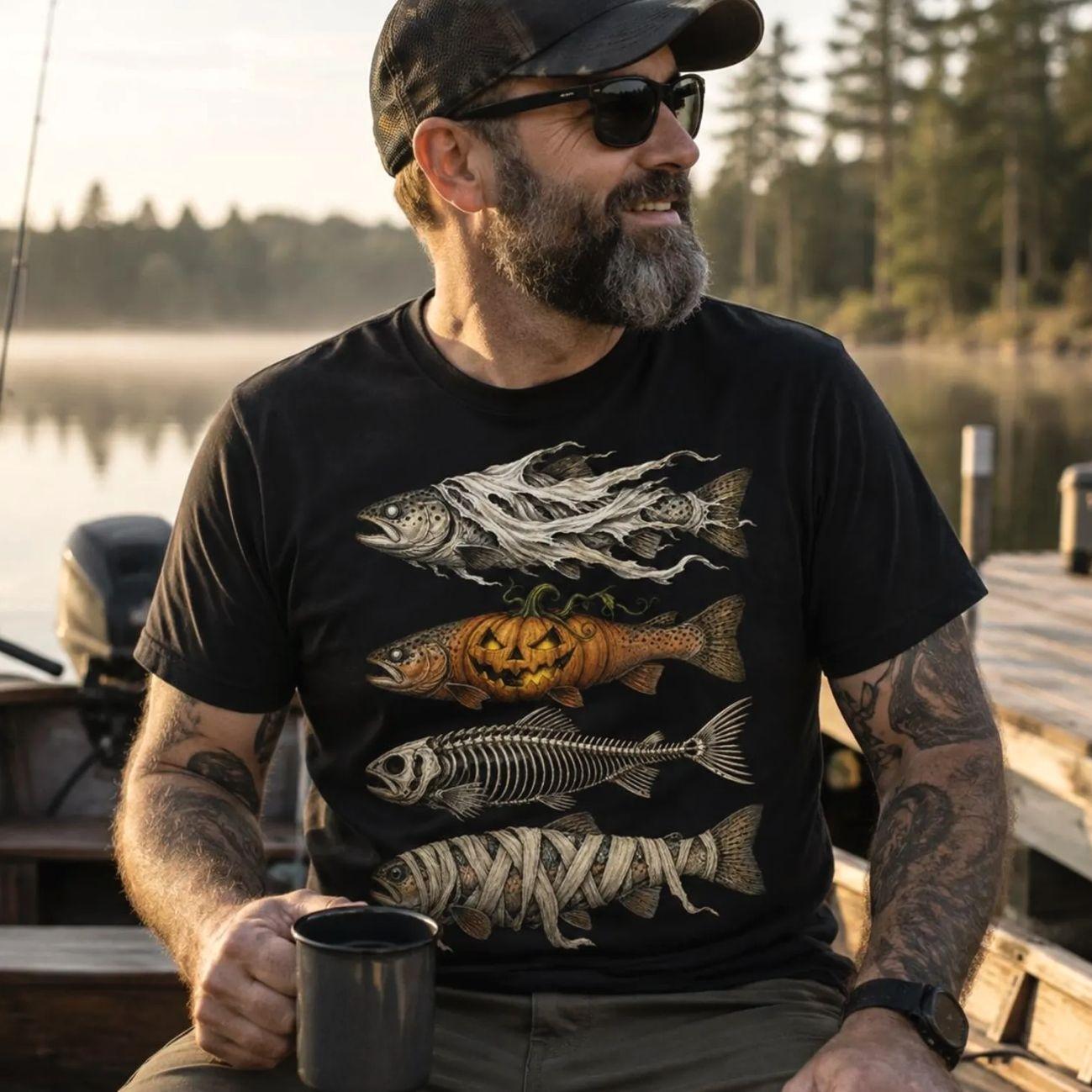 Halloween fishing shirt, spooky fish graphic tee, trout pumpkin skeleton design, unisex, soft cotton blend, Trending Halloween Graphic Tee, Comfortable Menswear & Womenswear Top, Perfect Gift For Men And Women, Sep18