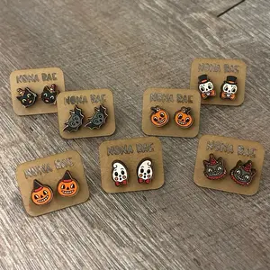 Vintage Halloween Stud Earrings – Black Cats, Pumpkins, Bats & Spooky Faces – Laser Cut Wooden Earrings