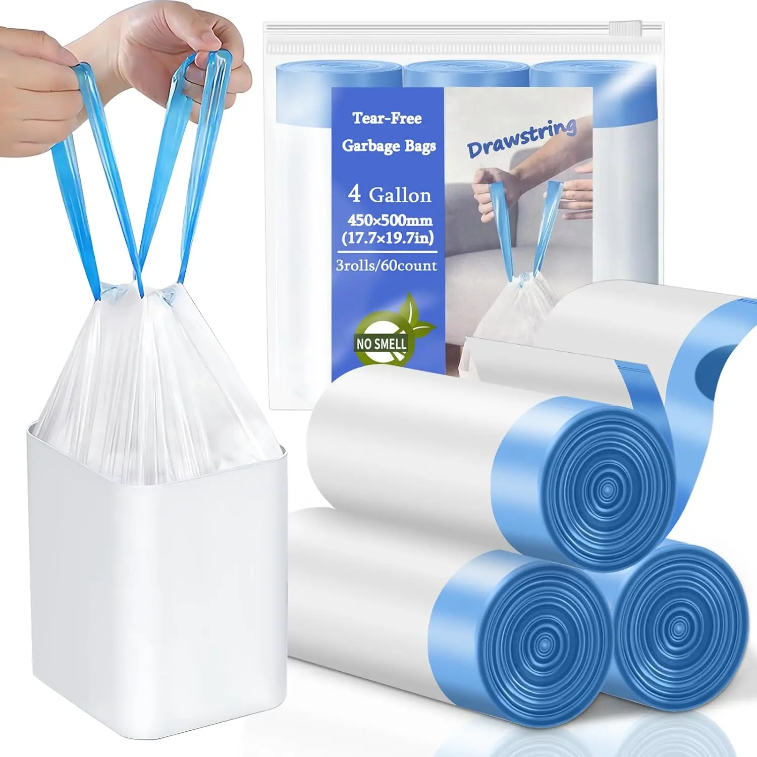 4 Gallon Trash Bags Drawstring, Small Trash Bags -Free, 4 Gal Unscented White Small Garbage Bags, Separated Thick Plastic Wastebasket Liners for Toilet  Office and Bedroom, 60 Count