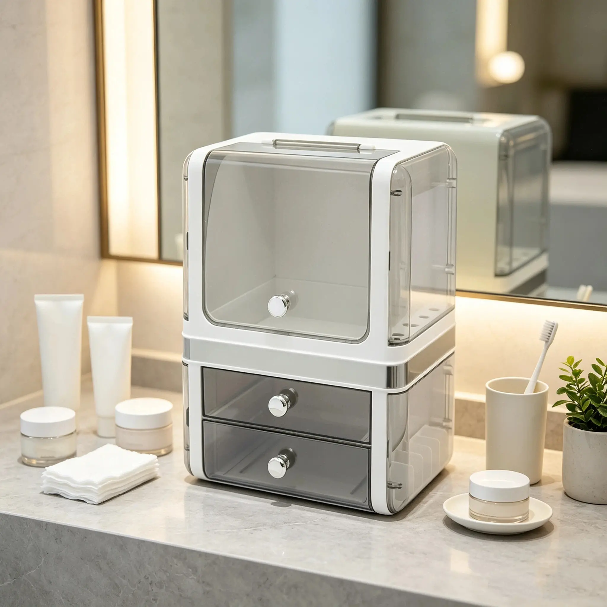 Modern PP Plastic Rectangular Cosmetics Storage Organizer with Drawers, Large-Capacity Space-Saver Box with Brush Holder & Lipstick Slots for Skincare & Perfume