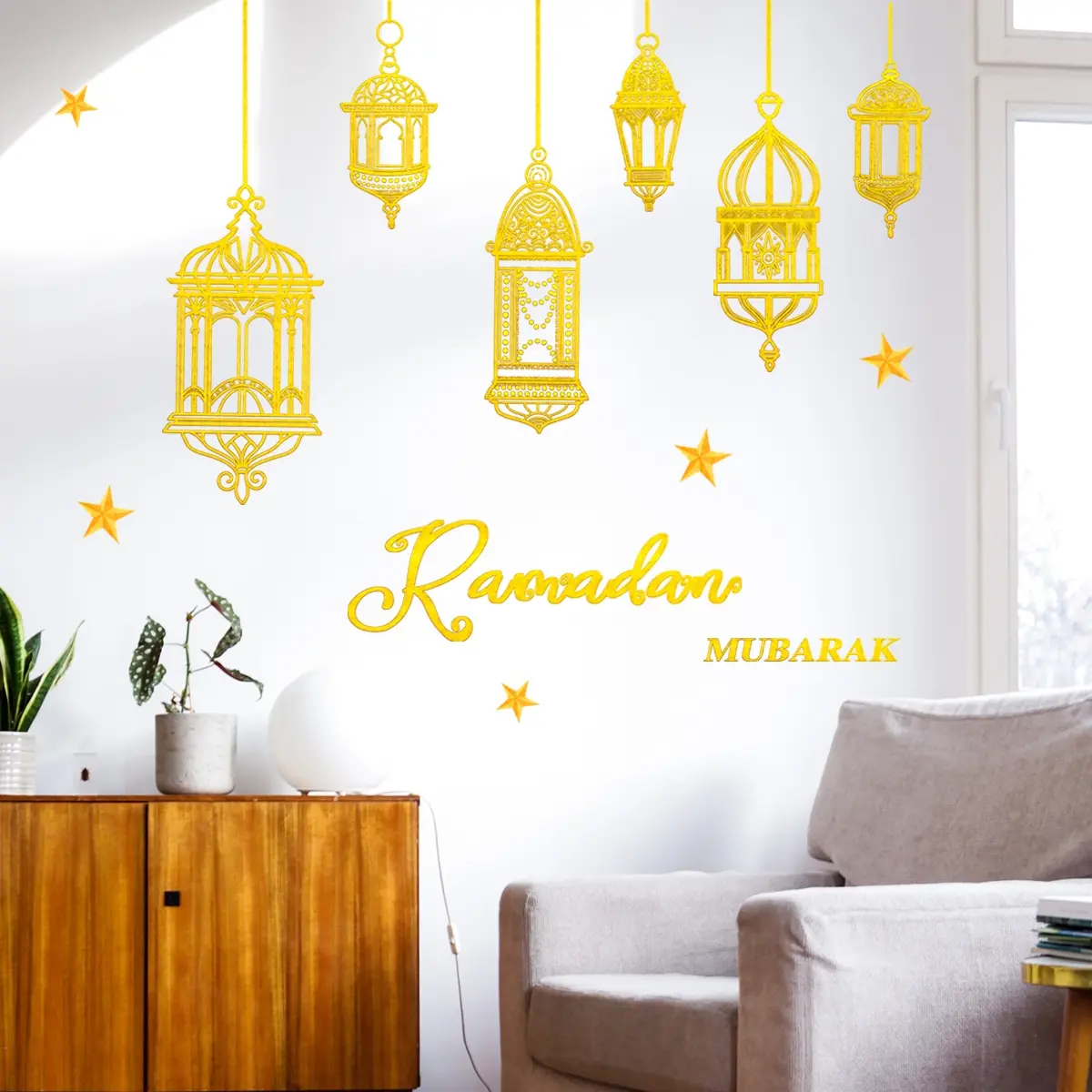 A self-adhesive home decoration sticker with gold stamping process and gold-edged Ramadan lantern wall sticker for bedroom and living room background wall, TJ13509-KN