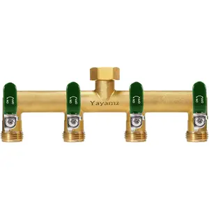 Splitter, 3/4" Rust and Freeze Resistant Hose Manifold with 4 green Long Handles Faucet Adapter-Brass 4-Way Valve