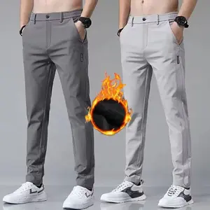 2025Winter velvet Casual Pants Men Thick Business Stretch Slim Elastic Waist Jogger Outdoors Korean Classic Fleece Trousers Male Menswear Beige