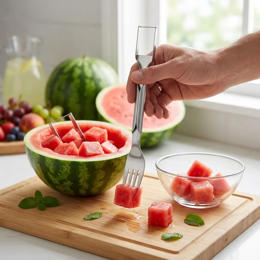 2-in-1 Stainless Steel Watermelon Cutter and Fork, Fast Slicer Tool for Cubed Fruit, No-Mess Kitchen Gadget