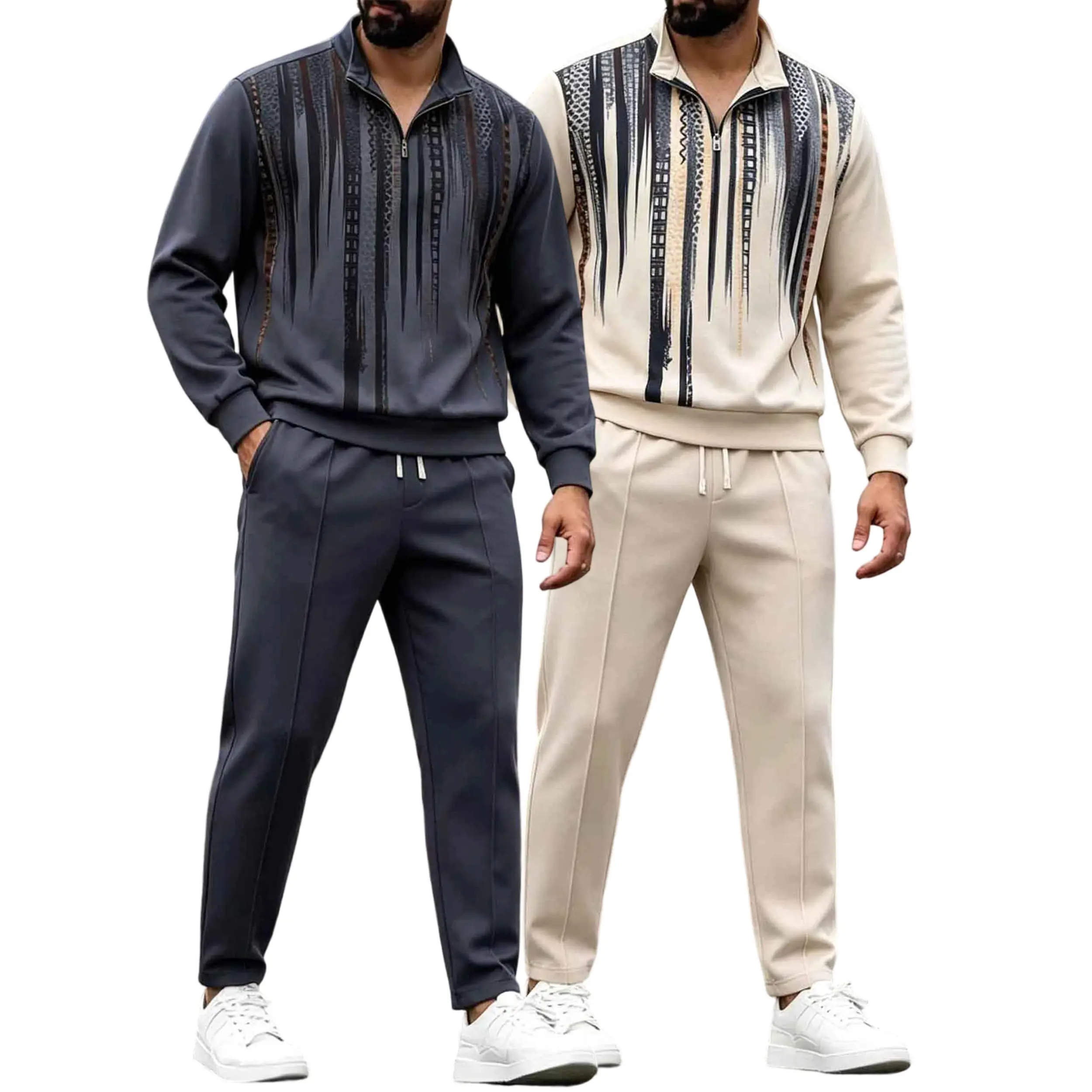 Men's Casual Abstract Print Tracksuit, 2-Piece Matching Set with a Quarter Zip Sweatshirt and Drawstring Joggers, Clothes, Long Sleeve