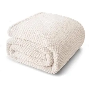 Queen Size 90x90 Inch Fuzzy Fleece Blanket for Bed, Fluffy Warm Soft Jacquard Blanket for All Season, Lightweight and Cozy, Ivory