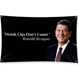 Ronald Reagan "Drunk Cigs Don't Count" 3x5FT Flag Novelty College Funny Dorm Banner Vivid Color Fade Proof Canvas Header Weather Resistant 100% Polyester