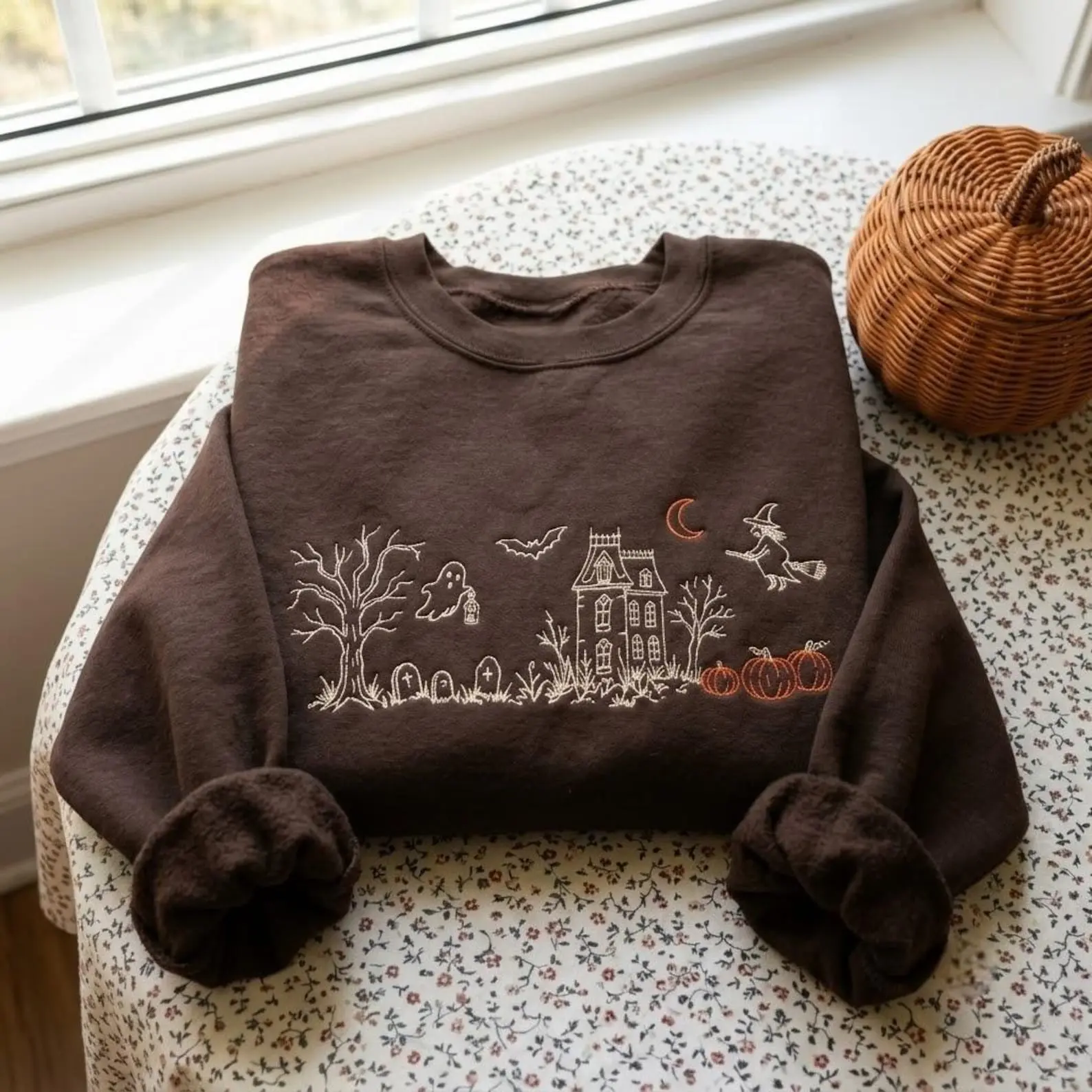 Embroidered Haunted Manor Sweatshirt, Vintage Halloween Hoodie, Spooky House Line Art Pullover, Gothic Autumn Sweater