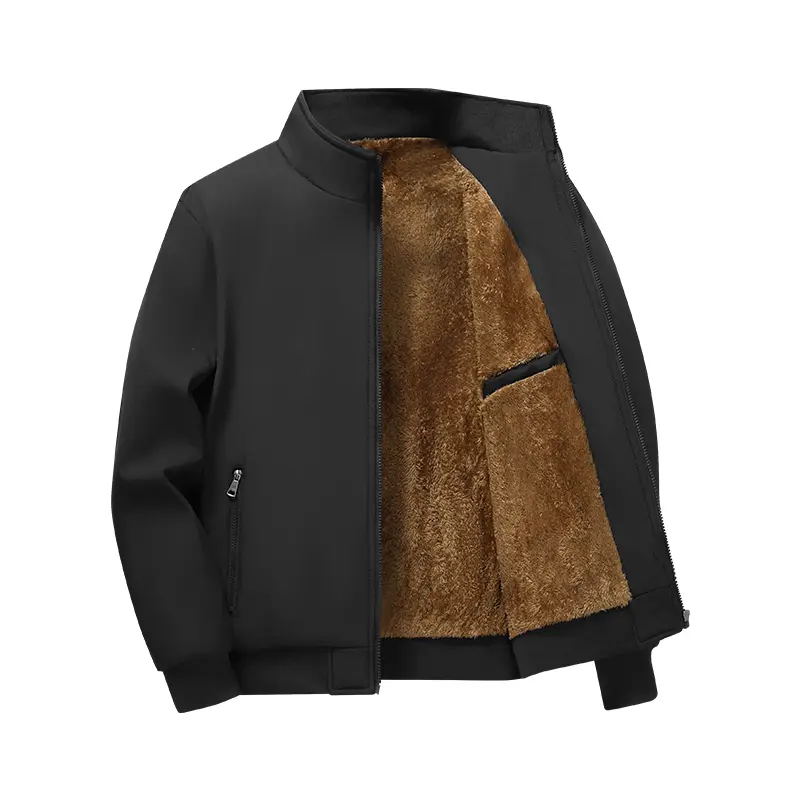 Men's Stand Collar Fleece Jacket Winter Thick Warm Business Casual Coat for Middle-aged and Elderly Dad Long Sleeve Woven Beige Plain Menswear Tops