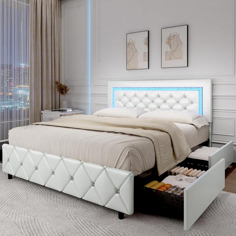 HOMBCK Bed Frame with Lights and Drawers,  No Mattress,  Diamond Headboard, Faux Leather, Modern Style, No Box Spring Needed, Easy Assembly
