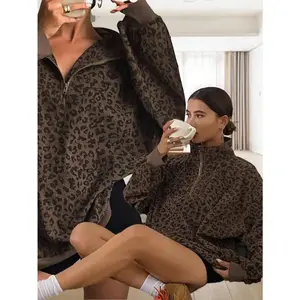 Women's casual zipper long sleeved leopard print sportswear with brown asymmetrical collar and off shoulder, regular fit for autumn and winter plus size clothingRAIMENTRY