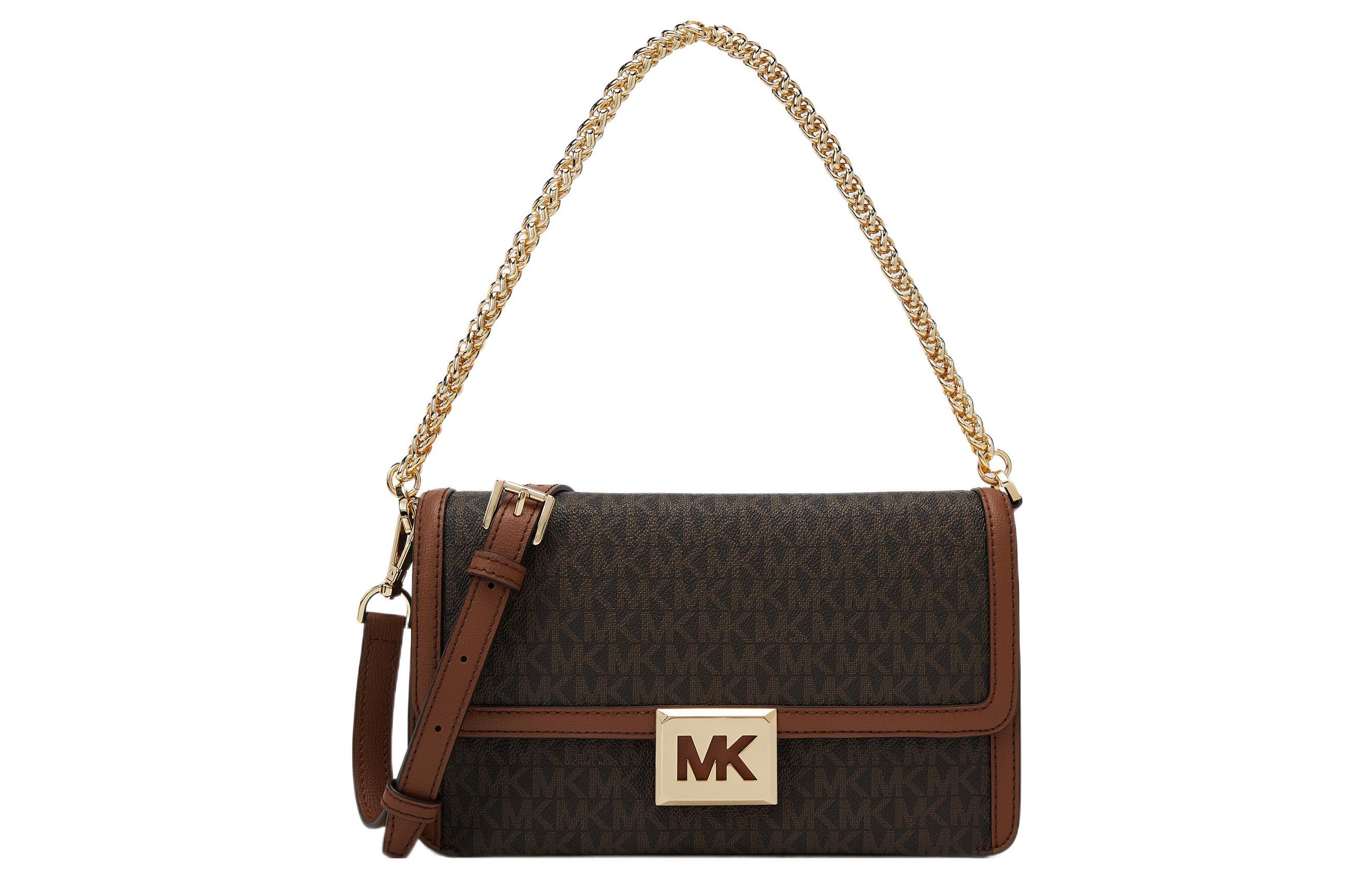 Michael Kors Sonia Medium Logo Shoulder Bag - Brown/Acorn Chain Flap Crossbody, Signature Print Satchel, MK Designer Handbag