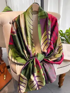 Women's Leaf Print Silk Scarf, Fashionable Soft Lightweight Shawl for Daily Wear, Casual Versatile Scarf for Women