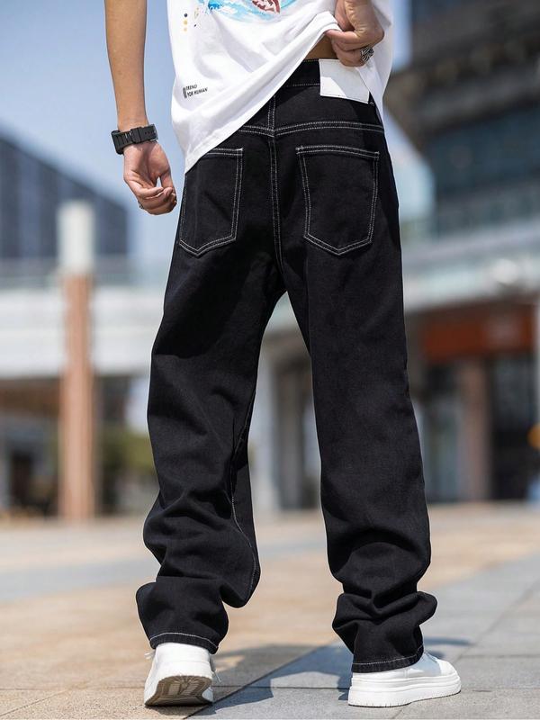 Men's Black Ripped Patched Wide-Leg Denim Jeans, Personalized Patches + Trendy Rips, a Must-Have for Street Trendsetters!