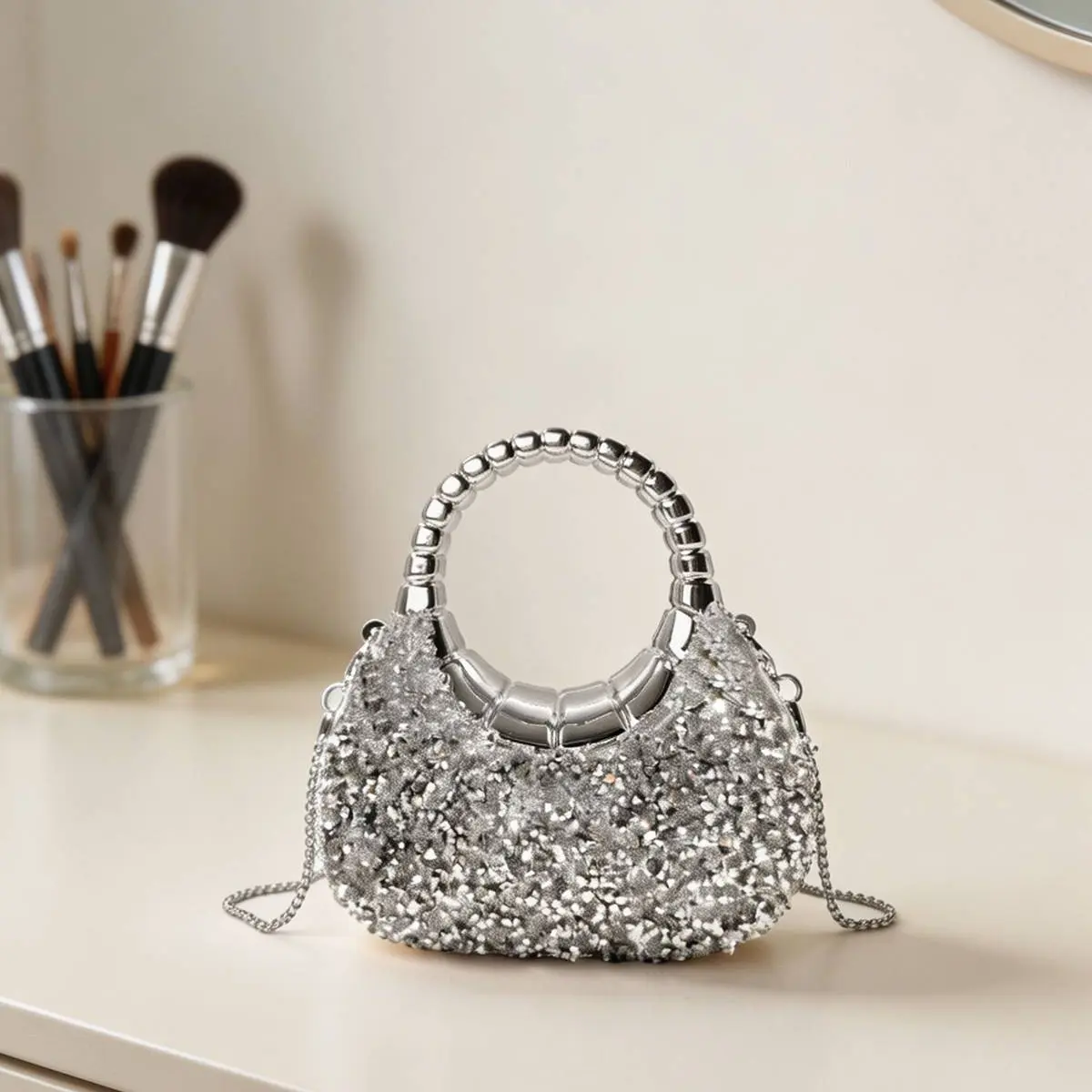 Women's Glitter Acrylic Mini Box Clutch - Sparkly Crystal Wristlet with Top Handle & Chain, Elegant Evening Bag for Prom & Weddings, Sparkly Crystal Women's Clutches & Wristlets, Embellished Shoulder Bag, Golden Glitz Women's Clutches & Wristlets
