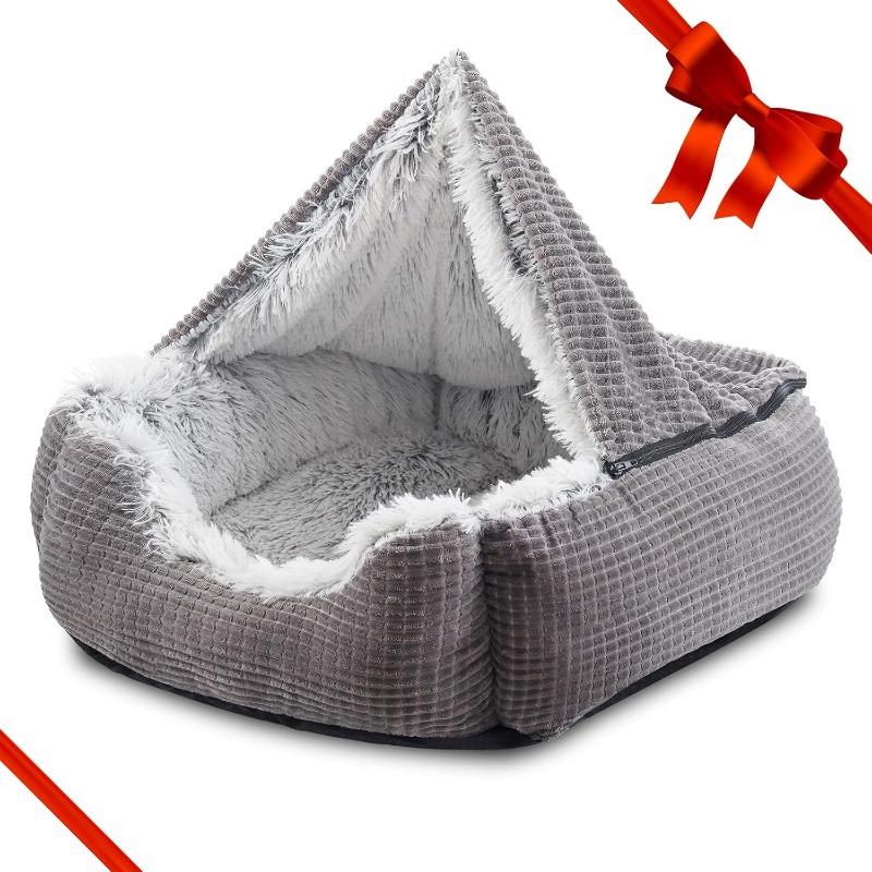 Dog Beds for Medium Large Small Dogs, Rectangle Cave Hooded Blanket Puppy Bed, Luxury Orthopedic Cat Beds for Indoor Cats, Warmth and Machine Washable (25 inches, Grey)