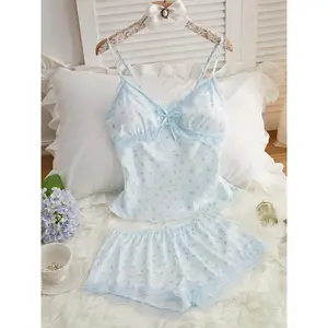 Women's Ditsy Floral Print Contrast Lace Pajama Two-Piece Set | Chic Comfy Bow Decor Cami Top & Elastic Waist Shorts PJ Set, All-Season Sleepwear