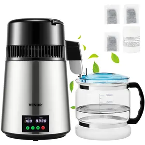 【Summervibes】VEVOR 1.1 Gal Water Distiller,  0.3 Gal/H, 750W Distilled Water Maker Machine 0-99H Timing Set Temp Display, 304 Stainless Steel Countertop Distiller Glass Carafe Cleaning Powder 3 Carbon Packs, Silver