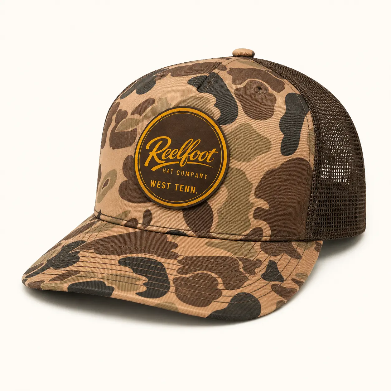 Reelfoot Hat Co. Leather Logo Patch - Accessory for Camo Embroidered, Hunting Print, Neutral Camo, Logo Element, Classic Hats, Camo Embroidered Hats, Hunting Print Hats Camper Trucker