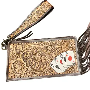 Large Tooled Hand Painted Wristlet Wallet with Fringe Accents