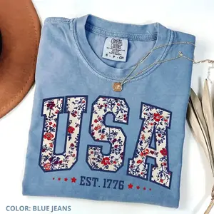 Comfort Colors Floral USA T-Shirt, Retro America 4th of July Shirt, Patriotic Independence Day Tee, Soft Cotton Crewneck Graphic Shirt Gift