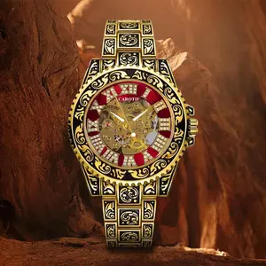 Men's Automatic Mechanical Watch, Vintage Skeleton Dial with Luminous Roman Numerals, Gold-Tone Patterned Band, Waterproof Fashionable Wristwatch