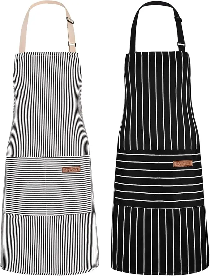 2-Pack Unisex Breathable No-Sleeve Cotton-Polyester Blend Bib Aprons with 2 Pockets, Black Chef Aprons for Cooking, Baking [New Deal]