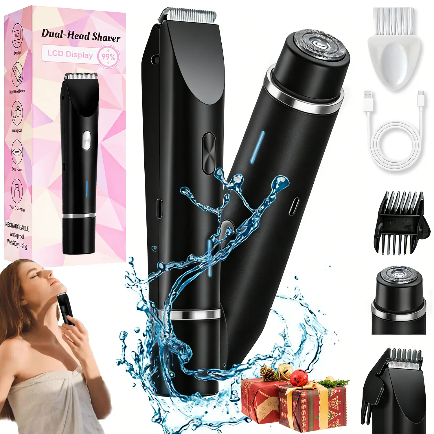 Women's 2-in-1 Silky Smooth Electric Shaver & Removable Bikini Trimmer - Painless Ceramic Blade, 10000RPM, IPX7 Waterproof, Rechargeable Daily Travel Tool with Gift Pouch, for Facial Grooming, Titanium Self Care Products, Womens Gifts, Shaver for Women
