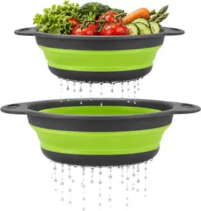 1 piece of foldable silicone filter basket with handle, foldable food strainer above the sink, vegetable, fruit, pasta, kitchen and camping use BPA-free space-saving drainage basket (green) sieve