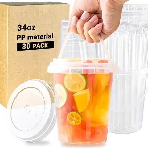 (15-30 Sets, 34 oz) High-Quality Plastic Disposable Cups with Lid, Straw, Handheld Grip & Box - Leak-Proof, Food-Safe, Reusable, Cold/Hot Drinks Ok - Home & Festival Party Supplies for Bonfire, Homemade Drinks