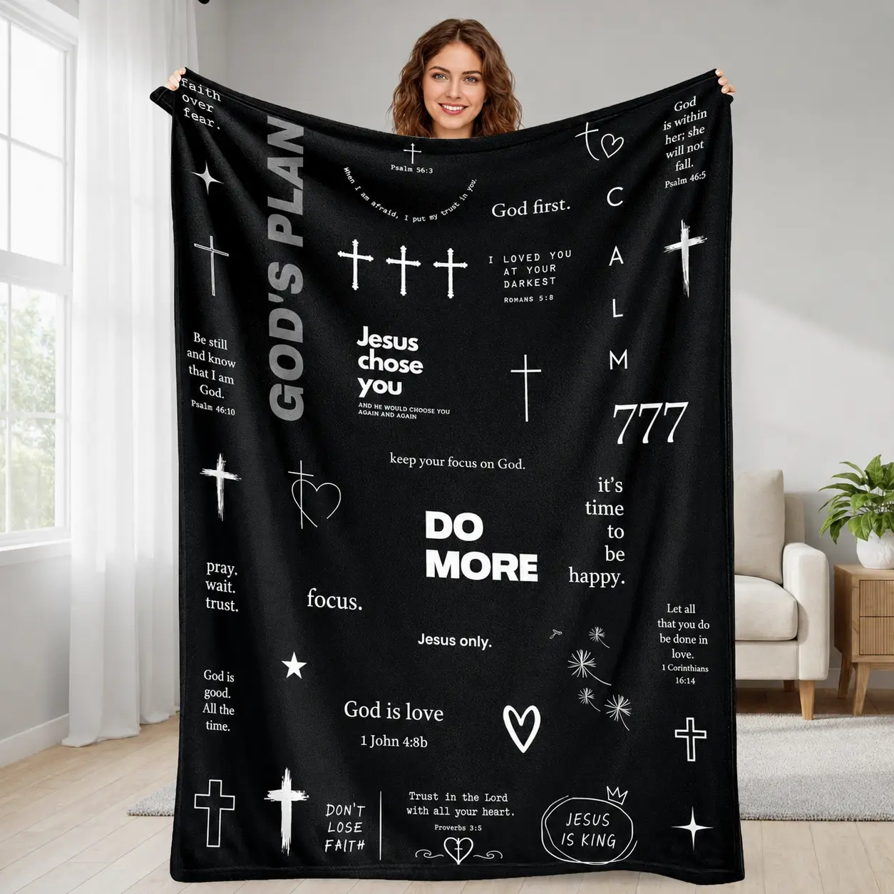 Religious Spiritual Flannel Blanket Black Aesthetic Cross Pattern Soft Lightweight Warm Breathable Throw For Christian Faith Prayer Church Worship Home Bedroom Living Room Decorative Bedding Gift