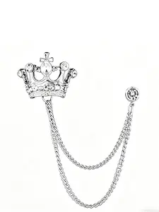 1pc Silver Crown Brooch with Tassel Chain, Sparkling Rhinestone Suit Lapel Pin for Men Women, Vintage Royal Regal Jewelry, Elegant Groom Wedding Accessory, Formal Party Prom Suit Decor, Unisex Aesthetic Pin Gift