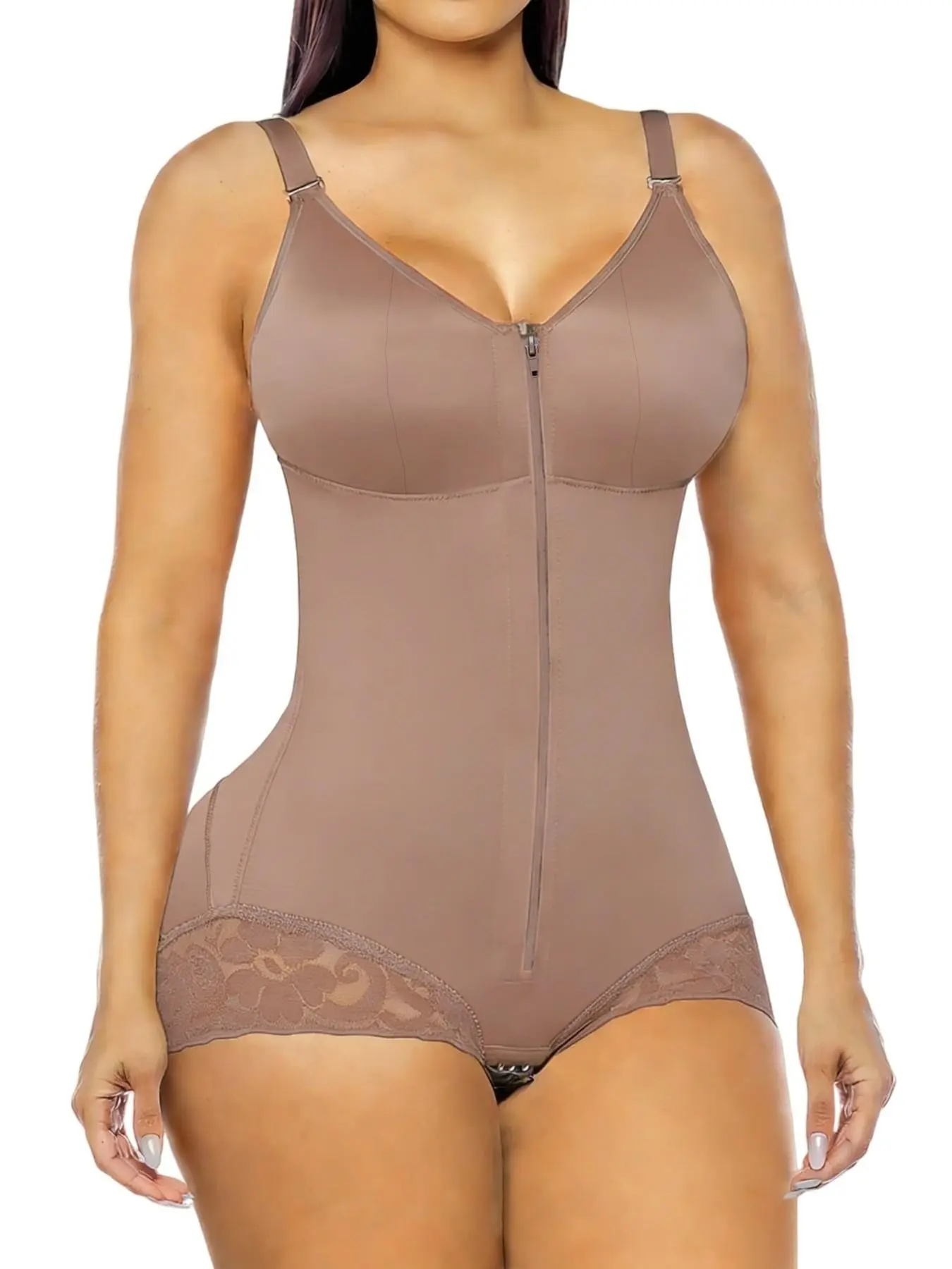 1 Count Women's Underwear Butt Lifting Tummy Control Bodysuit, Colombian Shapewear, Fajas, Smooth Solid Color Lace Trim Full Body Shaper, Adjustable Shoulder Strap With Zipper Closed Jumpsuit, Suitable For Various Occasions