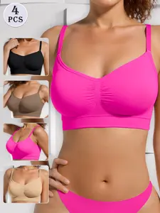 4 Pack All Day Comfort Wireless Triangle Bra Wide Back Panel Smooth Back Natural Lift Breathable Everyday Bralette