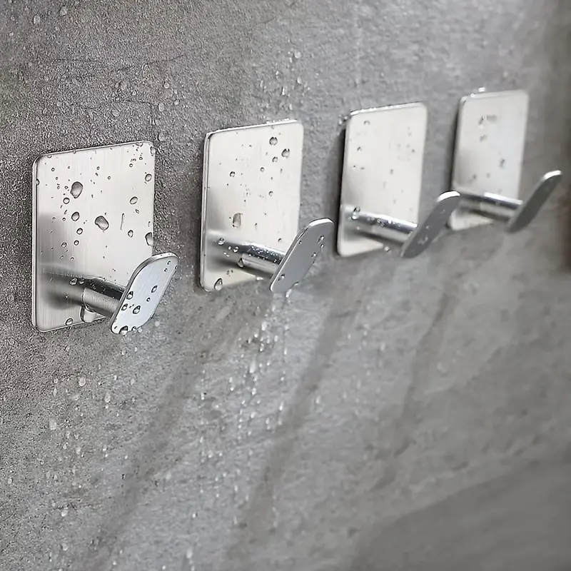 4-Piece Set Stainless Steel Towel Holders - Bathroom Fixtures, Brushed Treatment, Removable Adhesive Hooks, No Drill Wall-Mounted Bathroom Door Hangers