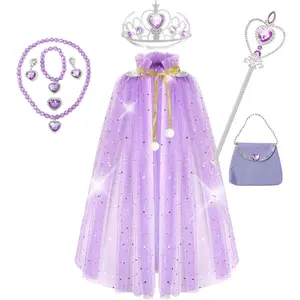 Princess Cape Costume Set, Halloween Christmas Party, Dance Birthday Party Princess Role Play, Includes Cape Necklace Earrings Bag Crown Accessories