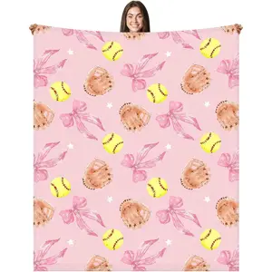 Pink Softball Bow Blanket – Cute Softball Throw for Girls, Teens, Players, Coaches, and Team Moms – Cozy Sports Blanket Gift for Birthday, Halloween, Thanksgiving, Christmas, Room Decor