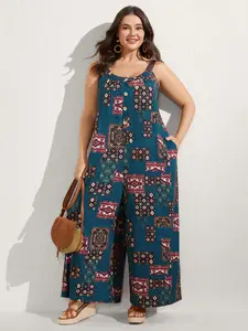 【Summer Turn-Up】BlOOMCHIC Plus Size Supersoft Boho Collage Placket Pocket Jumpsuit [1x-6x] 2026 Summer Pick for Mother's Day