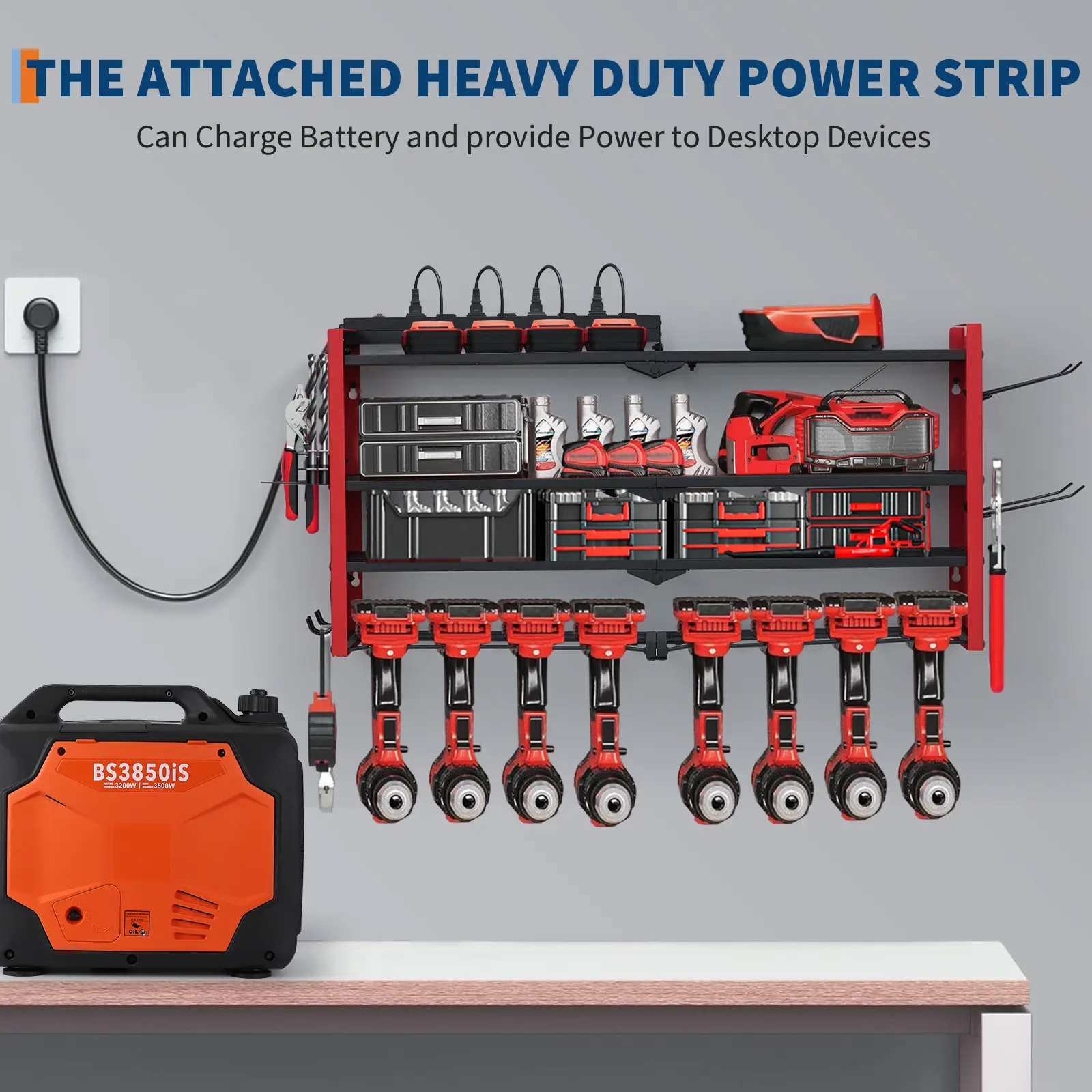 Heavy Duty Power Tool Organizer Wall Mount with Charging Station, 3-Tier Garage Tool Rack, 8 Outlets, 4-Slot Drill Holder, Hooks, Drill Bit & Battery Storage Shelf, Pegboard Style
