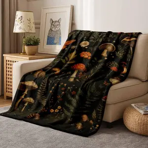Vintage Mushroom Flannel Blanket, Botanical Butterfly Print, Soft Warm Lightweight, Cozy and Decorative, Perfect for Home Decor, Bedroom, Living Room, Couch, Travel, Camping, and as a Thoughtful Gift