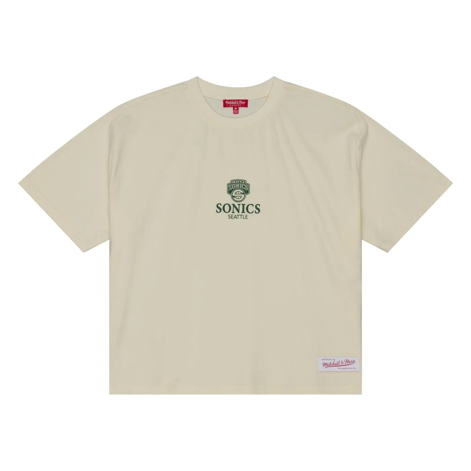 Women's Seattle SuperSonics Cream Core Essentials Cropped Boxy T-Shirt NBA Throwback Tee Graphic Vintage Fan Gear Mitchell & Ness